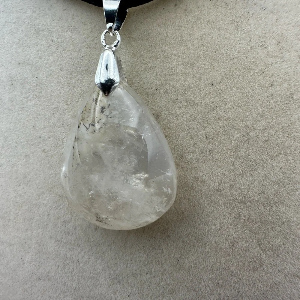 Dendritic Quartz Teardrop Pendant Necklace on Black Satin Tope
